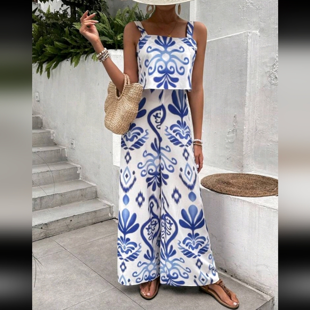 SHEIN Blue and White Patterned Jumpsuit